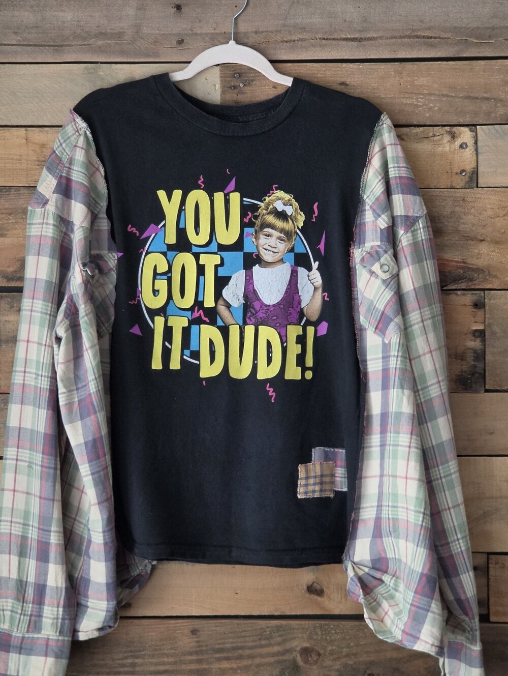 Upcycled YOU GOT IT DUDE! Black Graphic T-shirt With  Long Plaid Sleeves